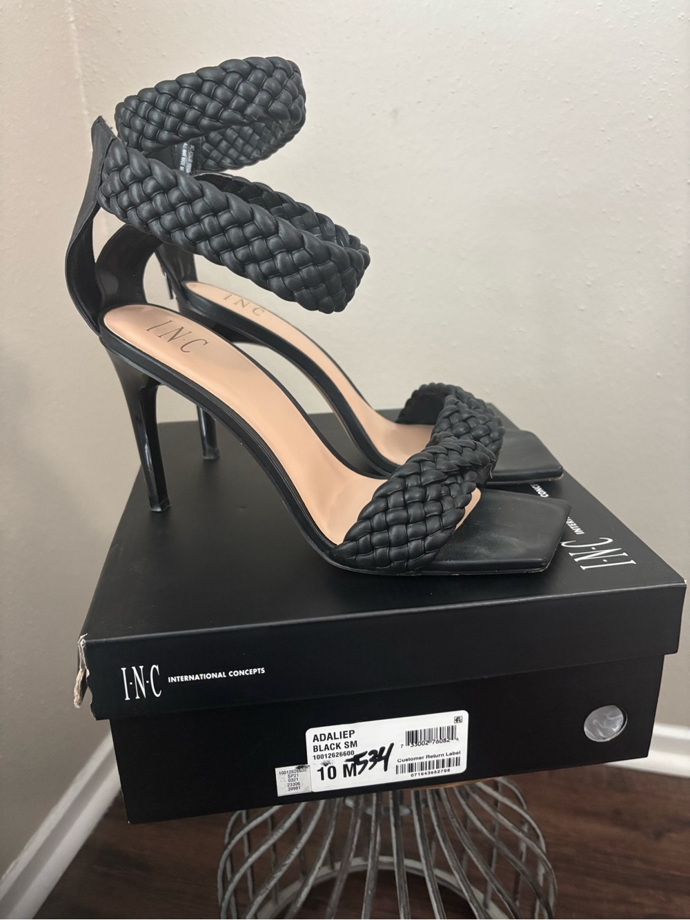 INC International Concepts Black Braided Ankle-Strap Stiletto Sandals